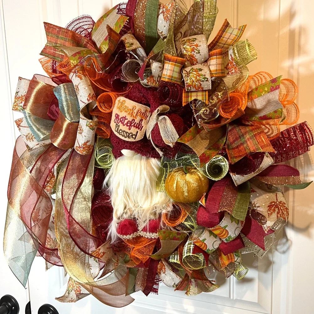 Autum Fall Ribbon Wreath Thankful Gnome Handmade 22 in’s. #W3